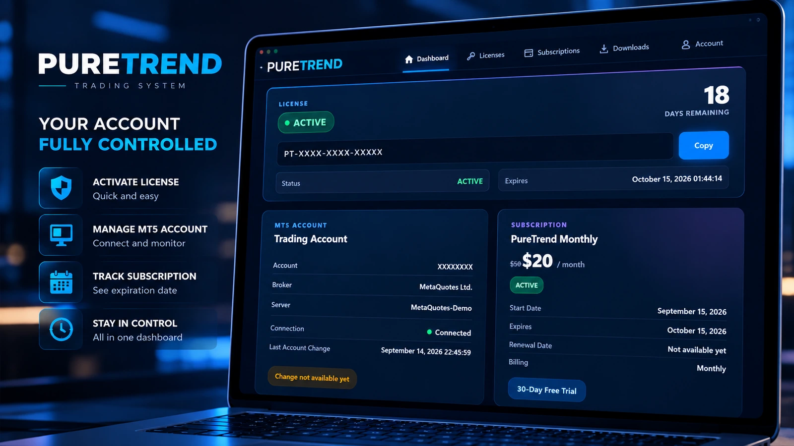 PureTrend customer dashboard for license and subscription management